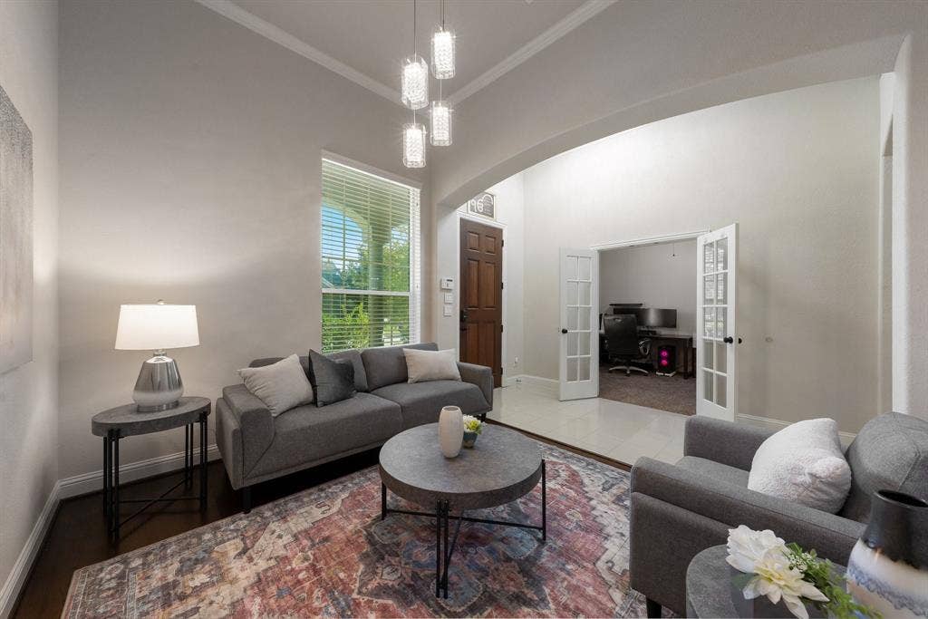 2901 Regents Park Lane, Garland, TX 75043 Formal living with view of home office with French doors