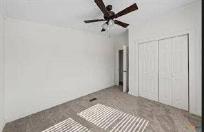 Neutral-toned carpet flooring, a ceiling fan with integrated lighting, and white bi-fold closet doors
