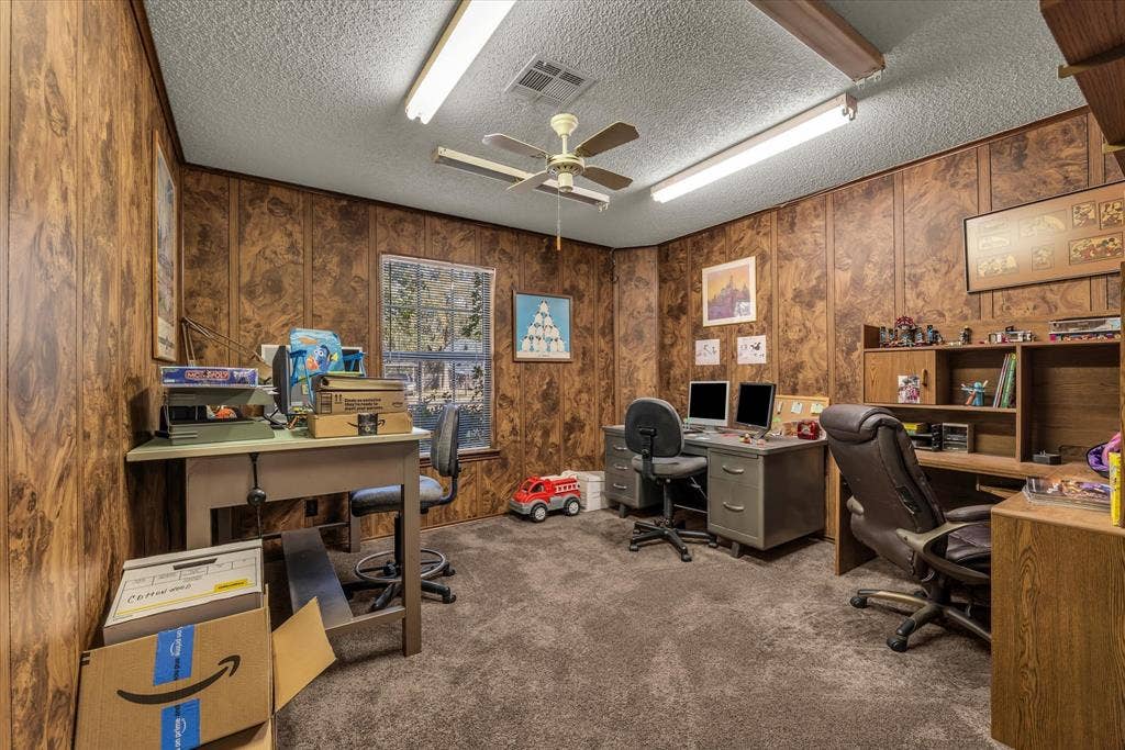 4201 N 19th Street, Waco, TX 76708 Textured wood paneling, carpeted flooring, ceiling fan, natural light window, built-in shelving