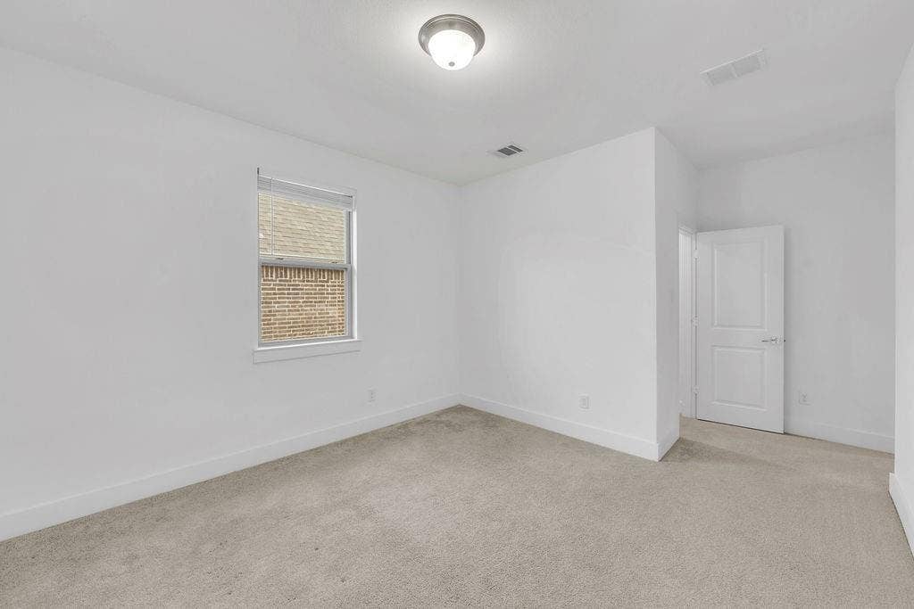 8300 Bethpage Drive, McKinney, TX 75070 White walls with light-colored carpeting, featuring a window with blinds, a ceiling-mounted light fixture, and a paneled interior door