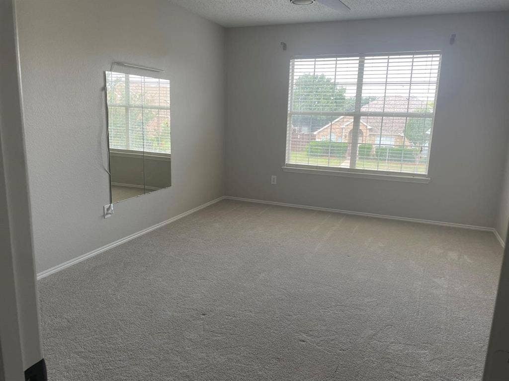 Neutral-toned carpeted flooring, large window with horizontal blinds, wall-mounted light fixture, and textured wall finish
