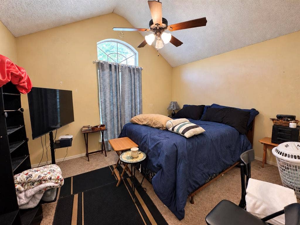 725 Andalusia Trail, DeSoto, TX 75115 Vaulted ceiling with a ceiling fan, arched window, and carpeted flooring
