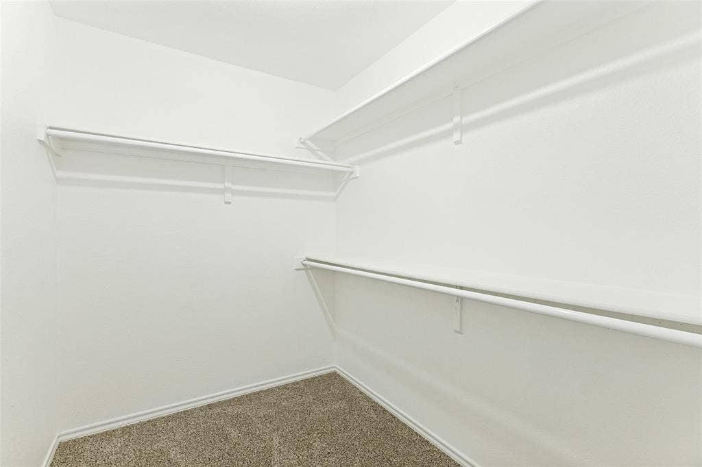 7440 Bear Lake Drive, Fort Worth, TX 76137 Built-in shelving and hanging rods, neutral wall color, and carpet flooring