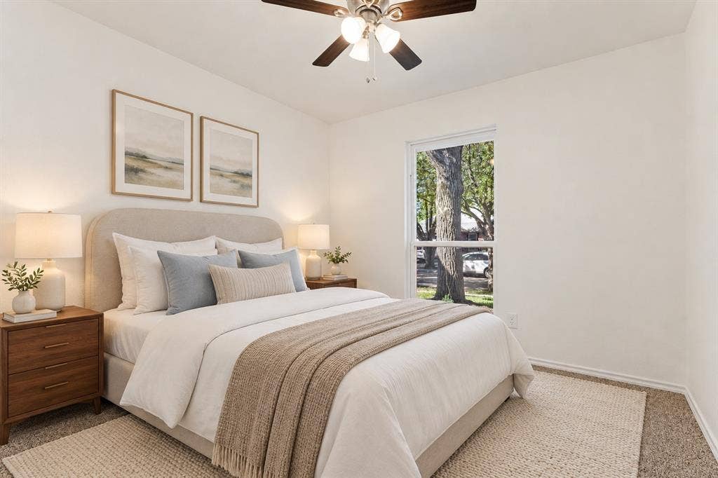 7440 Bear Lake Drive, Fort Worth, TX 76137 Recessed window, ceiling fan with light fixture, light-colored walls, and carpet flooring