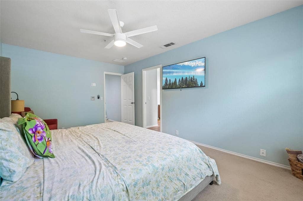 2209 Stonepark Place, McKinney, TX 75071 Ceiling fan with integrated lighting, wall-mounted television, and neutral carpet flooring