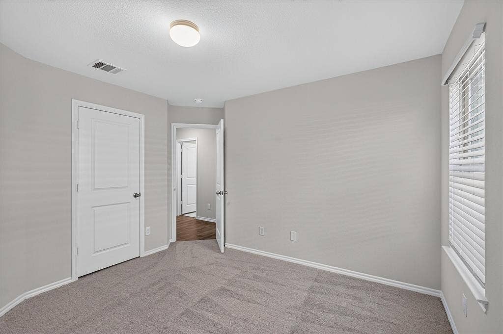 2428 Rosharon Drive, Forney, TX 75126 Neutral wall paint, carpet flooring, white paneled doors, window with blinds, and flush mount lighting