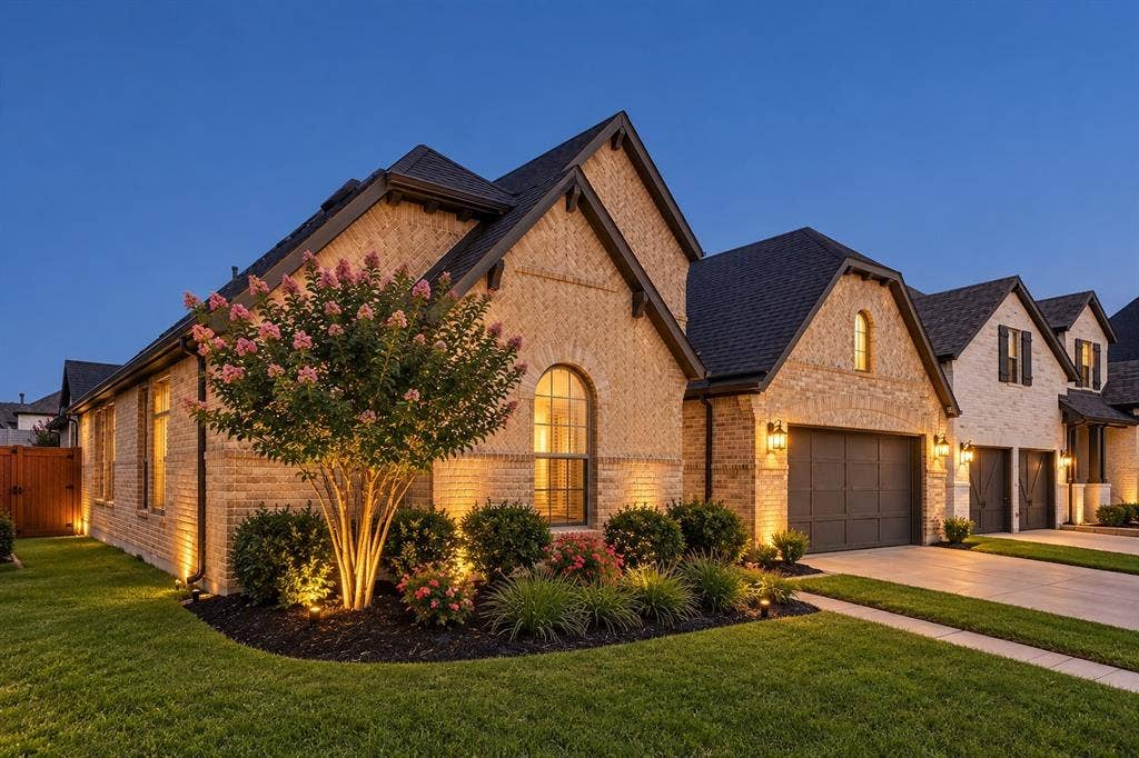 Brick exterior with dark gray garage door, arched window, and professional landscaping