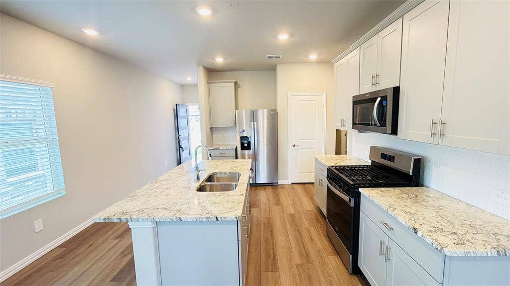 505 Blanton Street, McKinney, TX 75069 Kitchen featuring stainless steel appliances, light-toned cabinetry, a double basin sink, and granite countertops, with wood-finish flooring