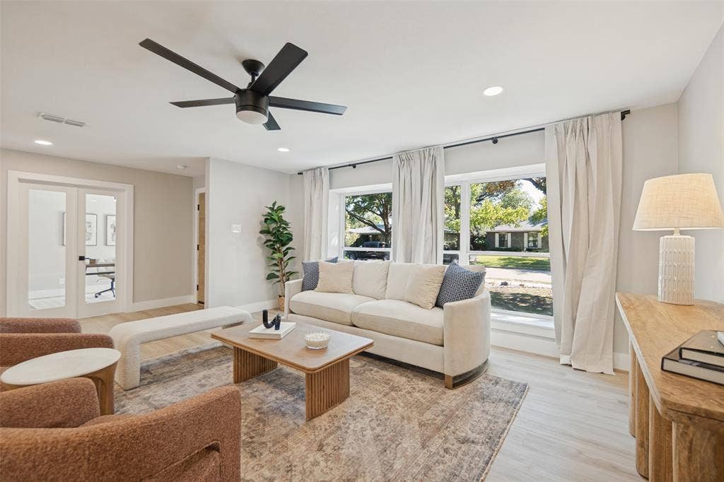 3129 Flowerdale Lane, Dallas, TX 75229 Recessed lighting, wood-finish flooring, and a modern ceiling fan