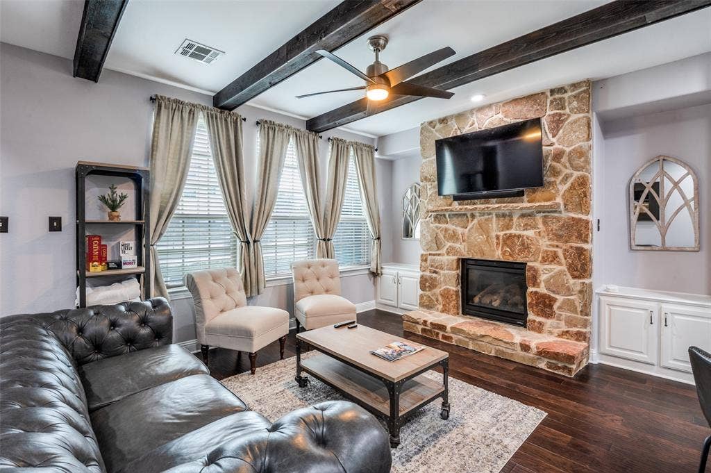 5707 Headquarters Drive, Plano, TX 75024 Custom Ceiling Cedar Wood Beams Throughout First Floor Living and into Kitchen
