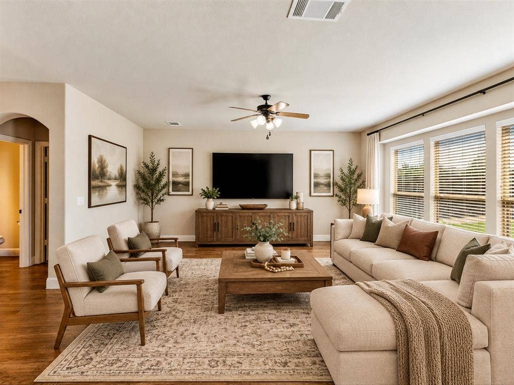 1020 Fallon Drive, McKinney, TX 75071 Expansive living space featuring wood-finish flooring, a ceiling fan, and multiple windows with blinds