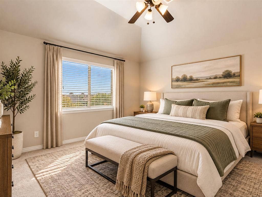 1020 Fallon Drive, McKinney, TX 75071 Vaulted ceiling with a ceiling fan, large window with blinds, neutral wall paint, light-toned carpeting, and a built-in light fixture
