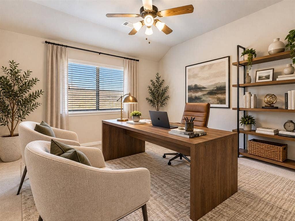 1020 Fallon Drive, McKinney, TX 75071 Spacious room featuring a vaulted ceiling with a ceiling fan, a window with blinds and drapes, and wall-to-wall carpeting