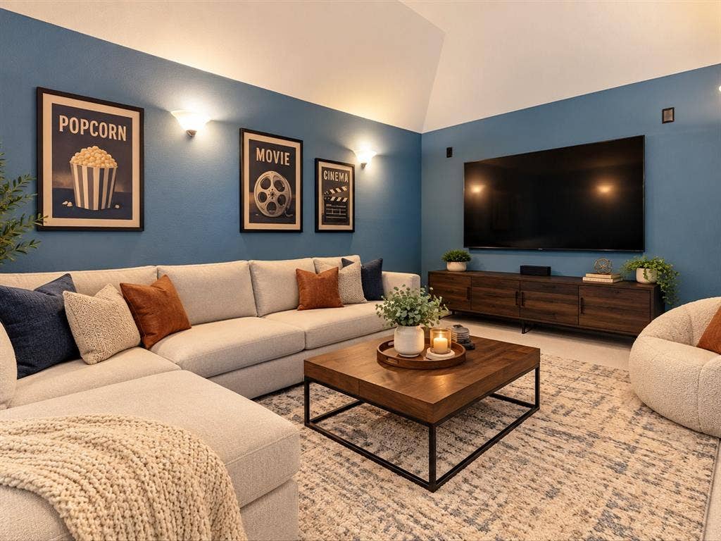 1020 Fallon Drive, McKinney, TX 75071 Vaulted ceiling, built-in media console, wall-mounted sconces, wood-finish coffee table, and wood-finish flooring