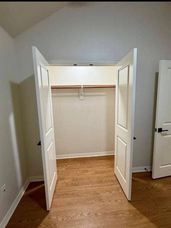 1001 Roberts Bend, Granbury, TX 76048 Closet featuring a hanging rod and upper shelf, wood-finish flooring, white trim, and a paneled door