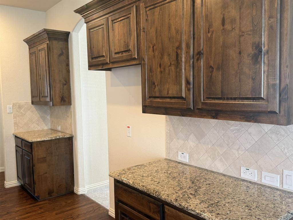13721 Vera Cruz Road, Frisco, TX 75035 Wood-finish cabinetry with crown molding, stone countertops, and a tiled backsplash