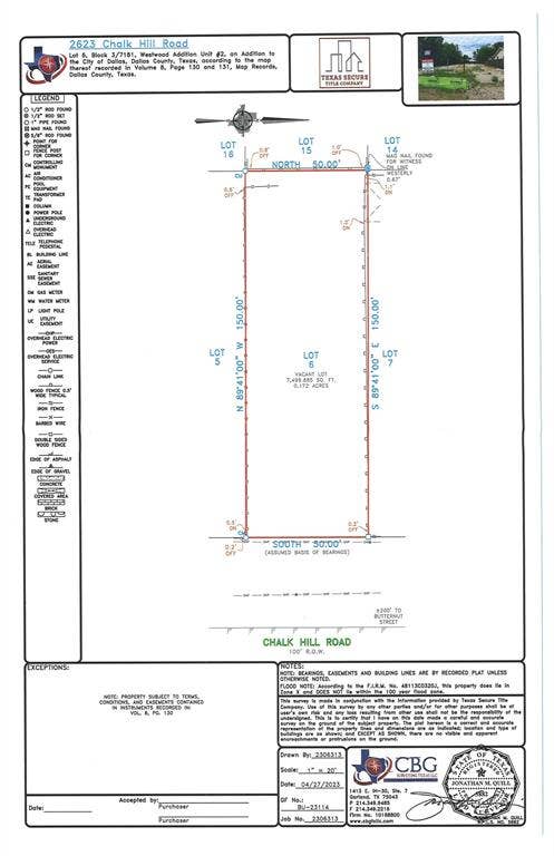 2623 Chalk Hill Road, Dallas, TX 75212 Boundary Survey. Outlining the official property lines, dimensions, and registered easements of the property