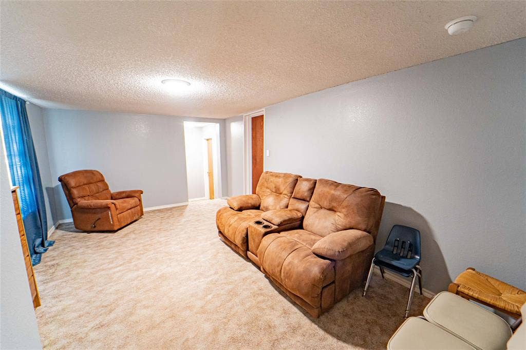 Carpeted flooring, light-toned wall finish, recessed entryway, flush-mount ceiling light