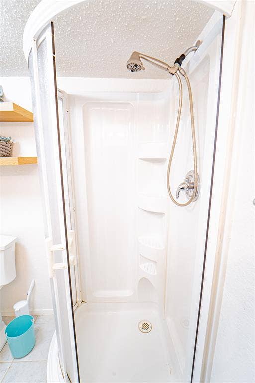 Enclosed shower stall with a brushed nickel showerhead and built-in shelving