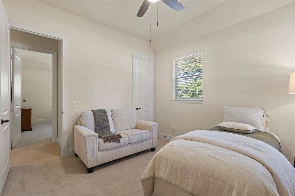15600 Big Horn Trail, Frisco, TX 75035 Recessed lighting, ceiling fan, window with blinds, light-colored carpeting, and light-colored wall paint