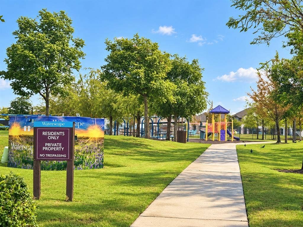 5719 Huffines Boulevard, Royse City, TX 75189 Paved pathway leading to a recreational area featuring a colorful playground structure, open green space, and mature trees