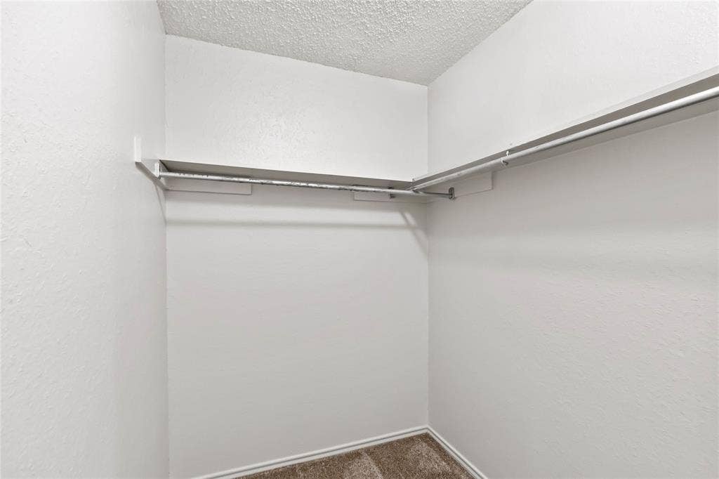 Walk-in closet featuring white walls, textured ceiling, and carpeted flooring