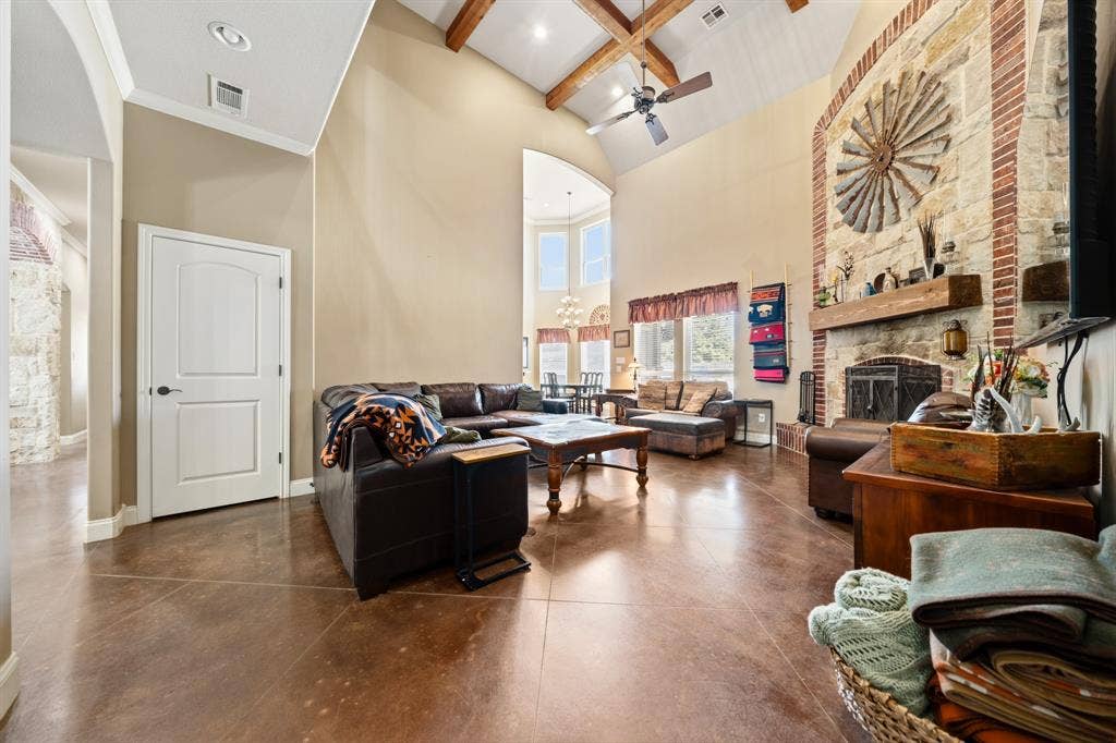 1021 Cascade Trail, McGregor, TX 76657 Vaulted ceiling with exposed wood beams, ceiling fan, and recessed lighting
