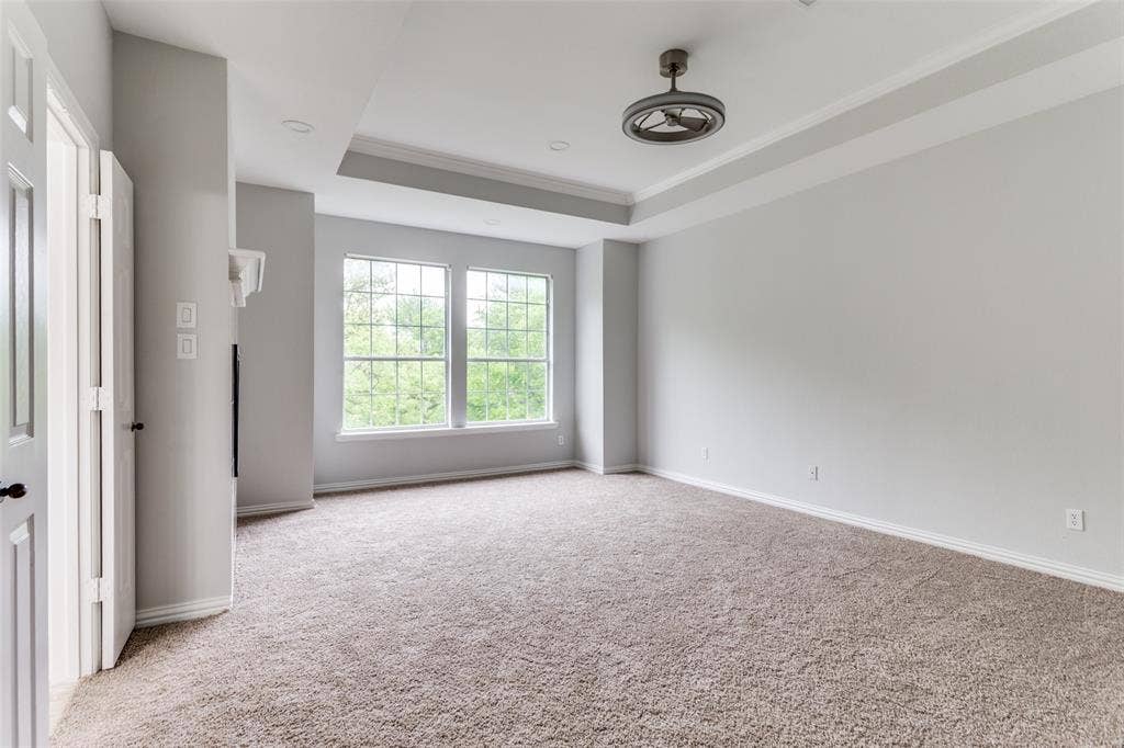 6315 Millwood Court, Arlington, TX 76016 Recessed lighting, ceiling fan, crown molding, double windows, and carpeted flooring