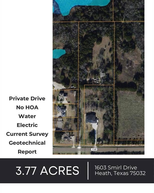 1603 Smirl Drive, Heath, TX 75032 Property Listing. Displaying the property's aerial view, size, address, and amenities