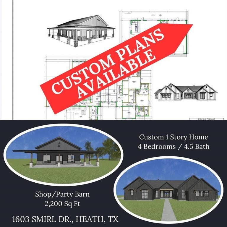 1603 Smirl Drive, Heath, TX 75032 Architectural Rendering and Plan. Displaying proposed property structures, specifications, and location details