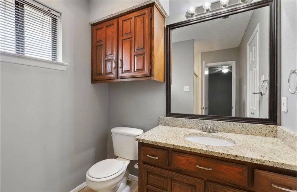 8943 Camfield Way, Frisco, TX 75033 Vanity with granite-style countertop, integrated sink, and wood-finish cabinetry