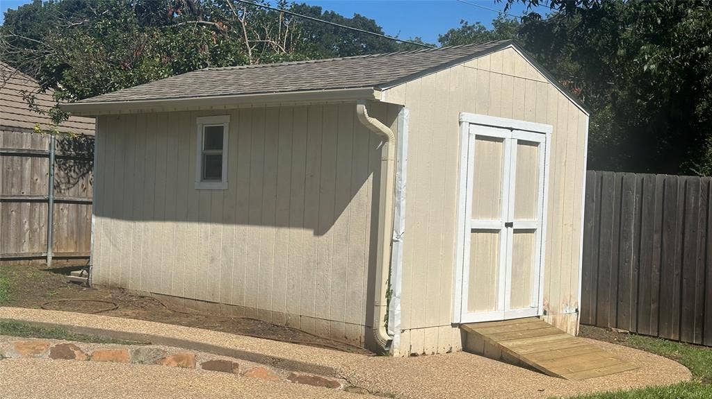 Built-in shelving, ramp into doorway-shed, great storage and-or work space.