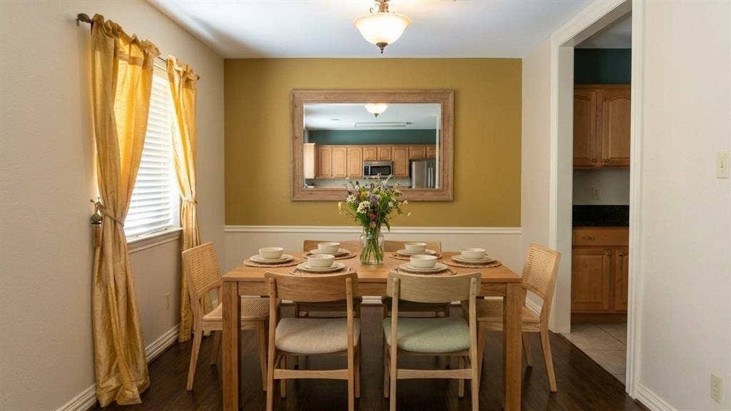 Staged AI furniture; Warmly painted dining area with dark wood-finish flooring, featuring a window with blinds, and an overhead light fixture