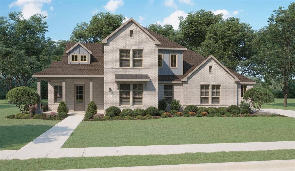410 Rancher Trail, Waxahachie, TX 75165 Brick exterior with varied gables, covered porch entry, dormer windows, and a manicured lawn