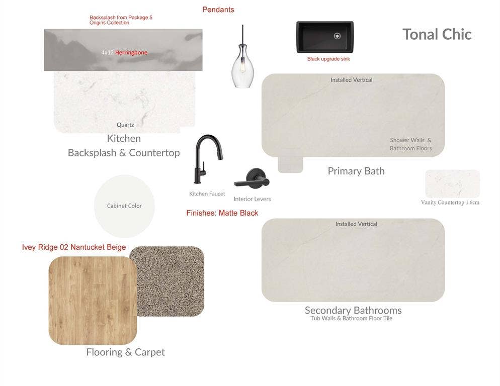 410 Rancher Trail, Waxahachie, TX 75165 Design Board. Illustrating material and finish selections for various areas of the property
