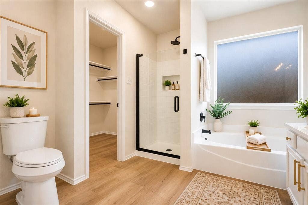 Walk-in shower with black-framed glass enclosure, built-in shelving, and black fixtures