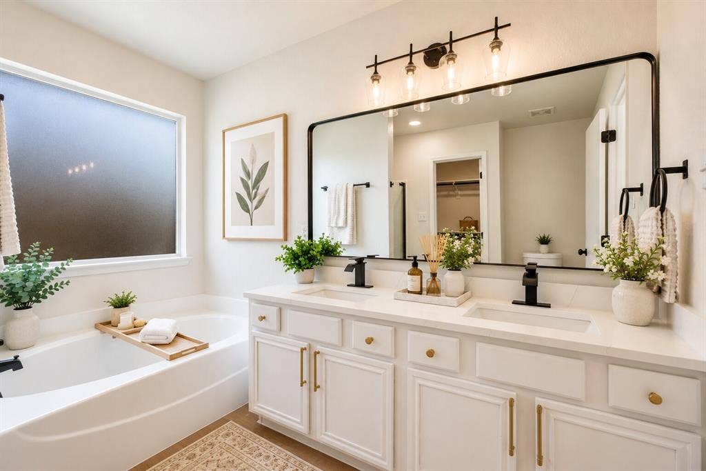 White soaking tub with matte black fixtures