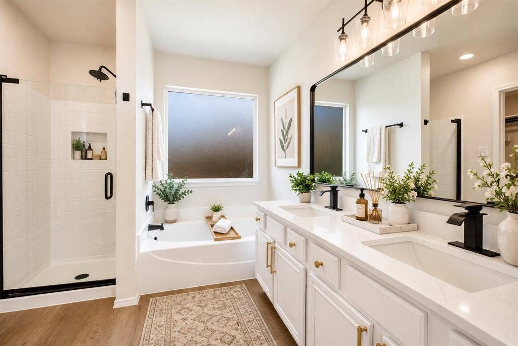 Dual vanity with undermount sinks and quartz countertops, wood-finish flooring, built-in soaking tub, walk-in shower with tile surround and glass enclosure, and modern black fixtures