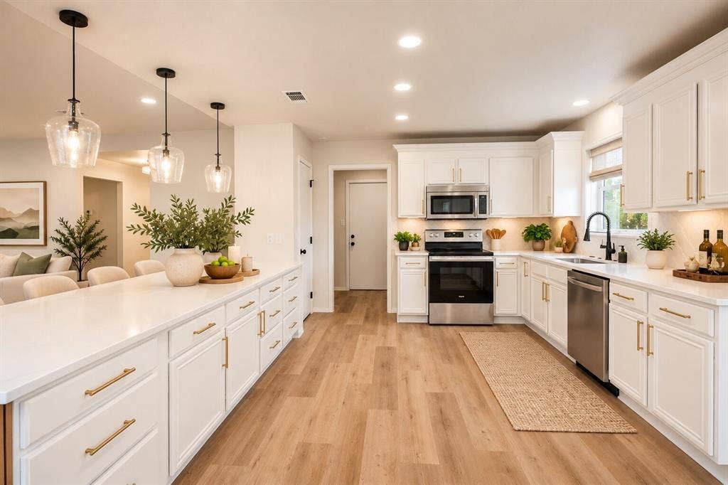 White cabinetry with gold-tone hardware, stainless steel appliances, wood-finish flooring, recessed lighting, and a white countertop island