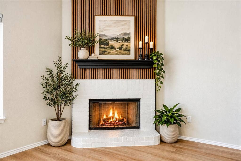 White brick fireplace with a black mantel, wood slat accent wall, and wood-finish flooring