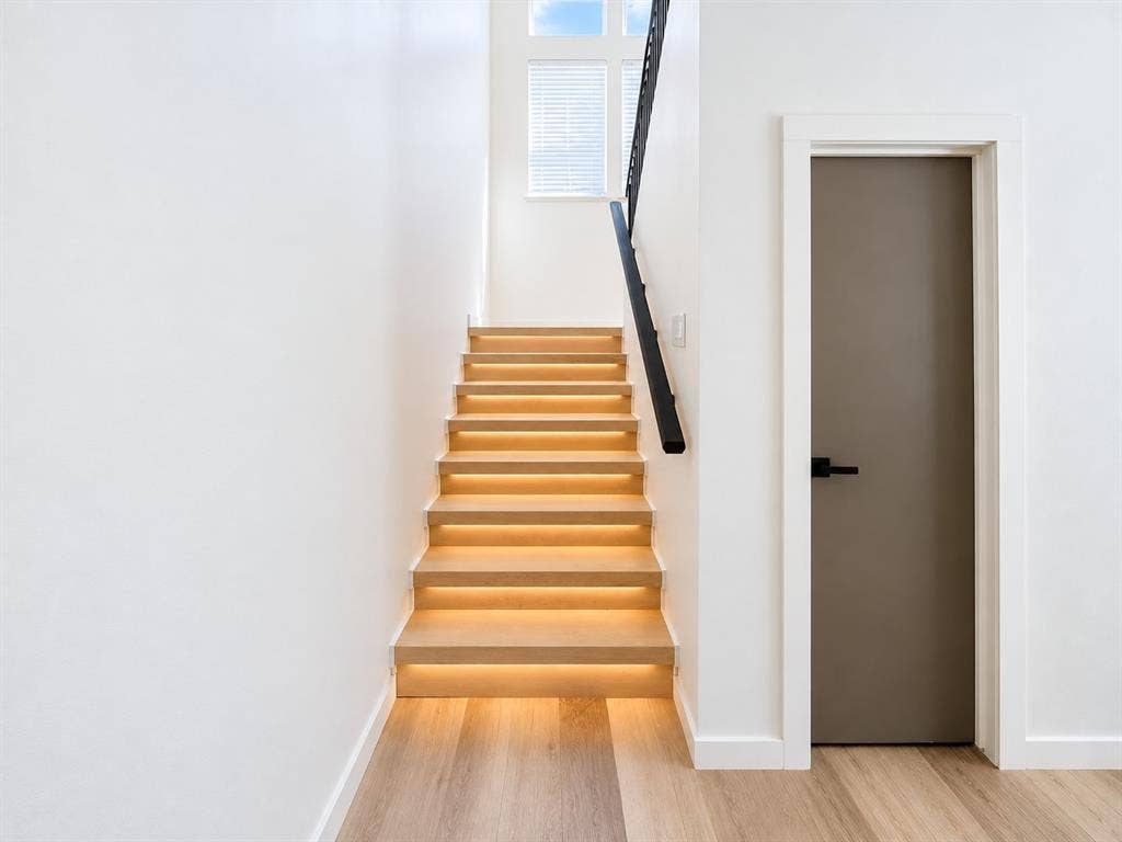521 York Street, Athens, TX 75751 Floating wood-finish staircase with integrated lighting, wood-finish flooring, and a contemporary black handrail