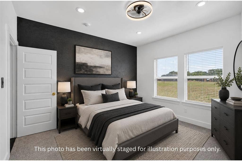 102 Shadywood Road, Trinidad, TX 75163 White paneled door, black accent wall, ceiling fan, dual windows with blinds, recessed lighting