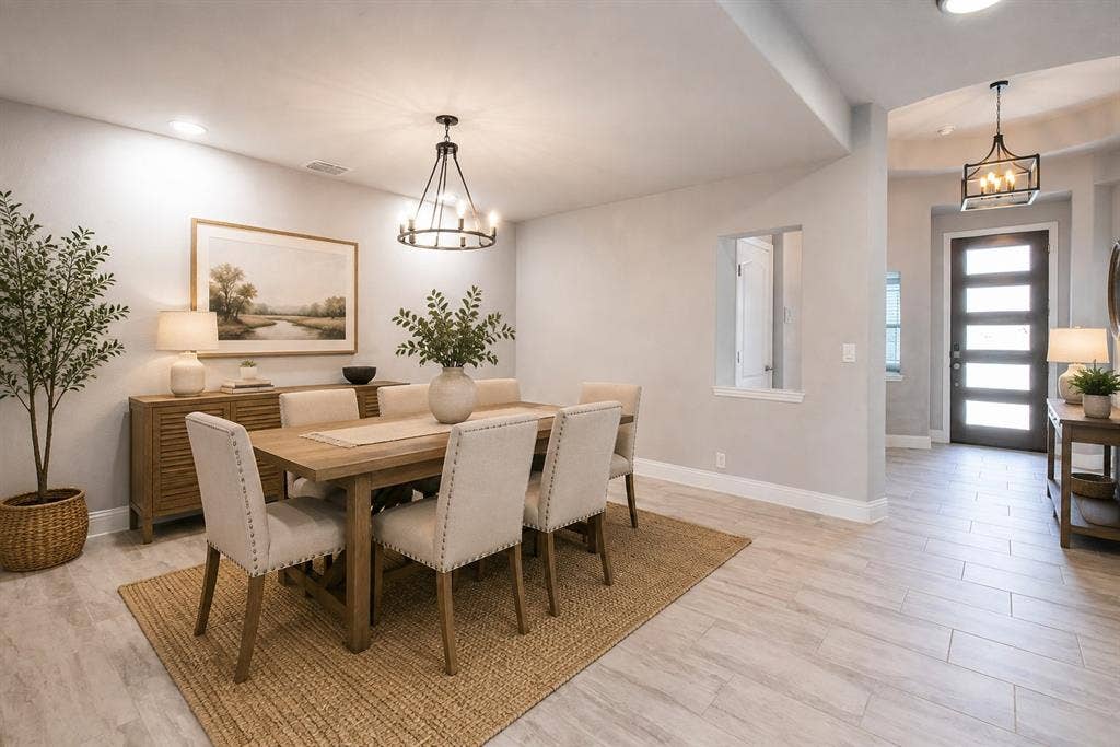 Recessed lighting and a modern chandelier illuminate the dining space