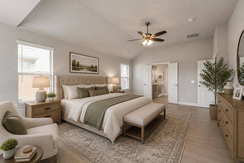 Vaulted ceiling with a ceiling fan, light wood-finish flooring, two large windows, white double doors, and a solid white door