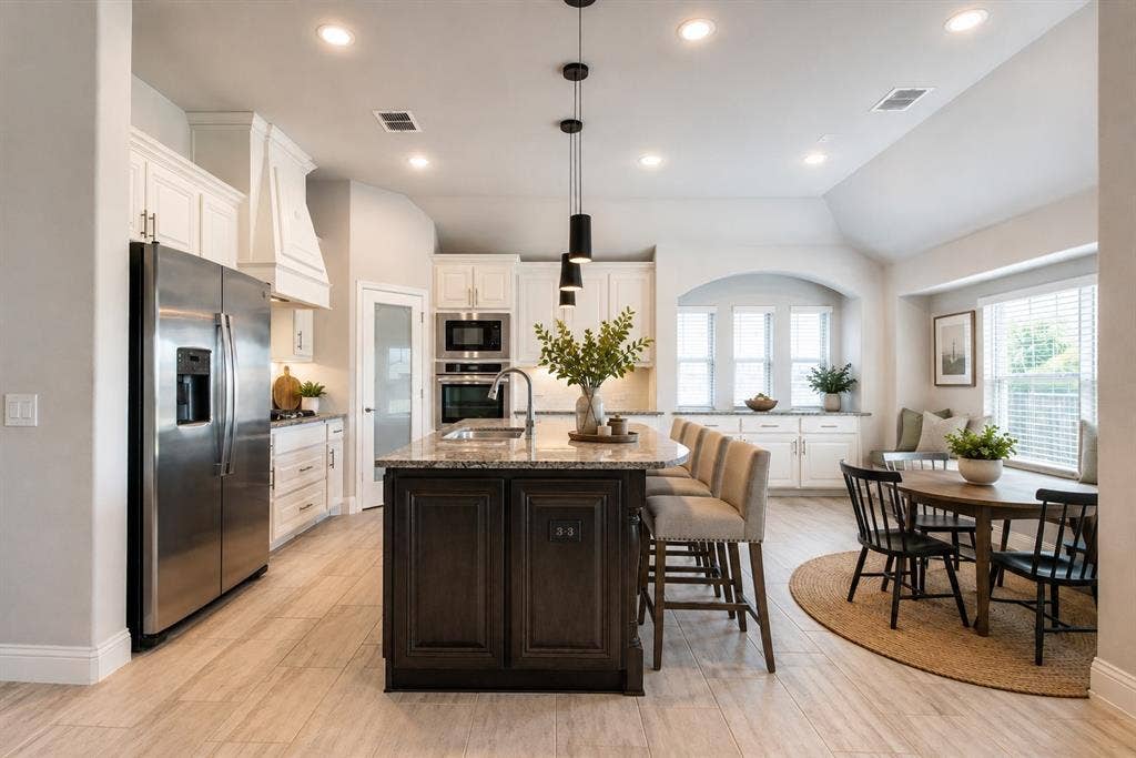 Open-concept kitchen featuring an island with a breakfast bar, stainless steel appliances, recessed lighting, white cabinetry, and wood-finish flooring