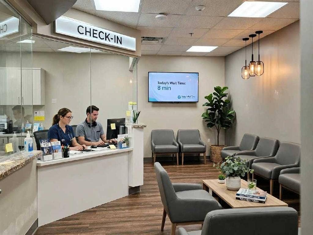 1675 Republic Parkway, #104, Mesquite, TX 75150 Staged check-in and waiting area - Suite 104 - 7 private offices + reception - 1675 Republic Pkwy - Move-in ready medical suite