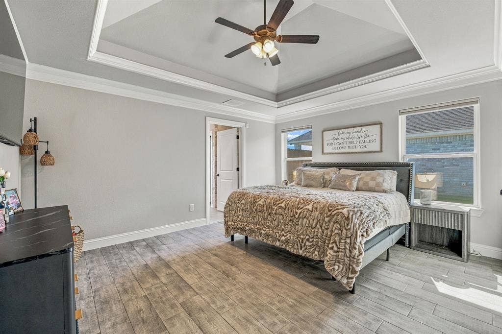 601 Violet Drive, Tolar, TX 76476 Tray ceiling with crown molding, ceiling fan with integrated lighting, two double-paned windows, and wood-finish flooring