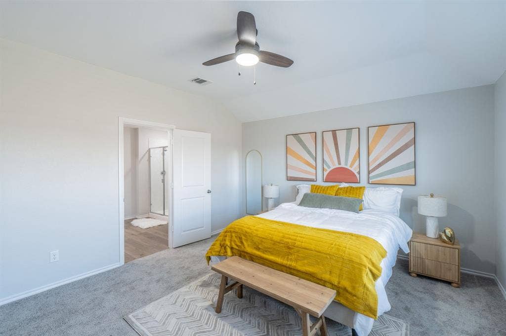 1842 Shady Elm Drive, Lancaster, TX 75146 Recessed lighting, ceiling fan with integrated light, light gray wall paint, and gray carpeting