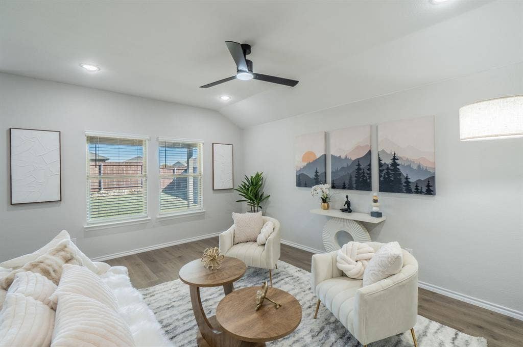 1842 Shady Elm Drive, Lancaster, TX 75146 Vaulted ceiling with recessed lighting, wood-finish flooring, and a contemporary ceiling fan