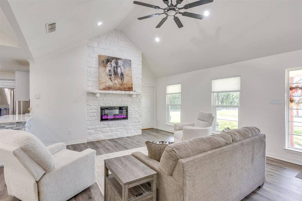 Vaulted ceilings and stone fireplace!